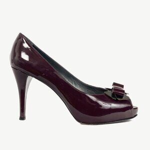 Stuart Weitzman Spice Plum Quasar Patent-Leather Bow Peep-Toe Pumps